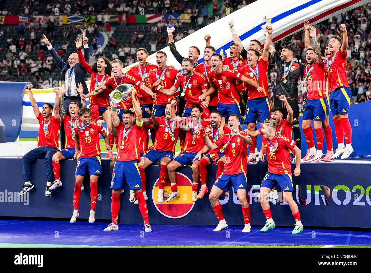 BERLIN, GERMANY - JULY 14: Players of Spain winner of EURO 2024, David Raya of Spain, Daniel Carvajal of Spain, Robin Le Normand of Spain, Nacho Fernandez of Spain, Daniel Vivian of Spain, Mikel Oyarzabal of Spain, Alvaro Morata of Spain, Fabian Ruiz of Spain, Joselu of Spain, Dani Olmo of Spain, Ferran Torres of Spain, Alejandro Grimaldo of Spain, Alex Remiro of Spain, Aymeric Laporte of Spain, Alejandro Baena of Spain, Rodri of Spain, Nico Williams of Spain, Martin Zubimendi of Spain, Lamine Yamal of Spain, Jesus Navas of Spain, Unai Simon of Spain, Marc Cucurella of Spain, Fermin Lopez of S Stock Photo