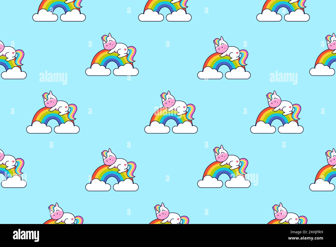 Cute unicorn sleeps on the rainbow. Seamless vector pattern. Stock Vector