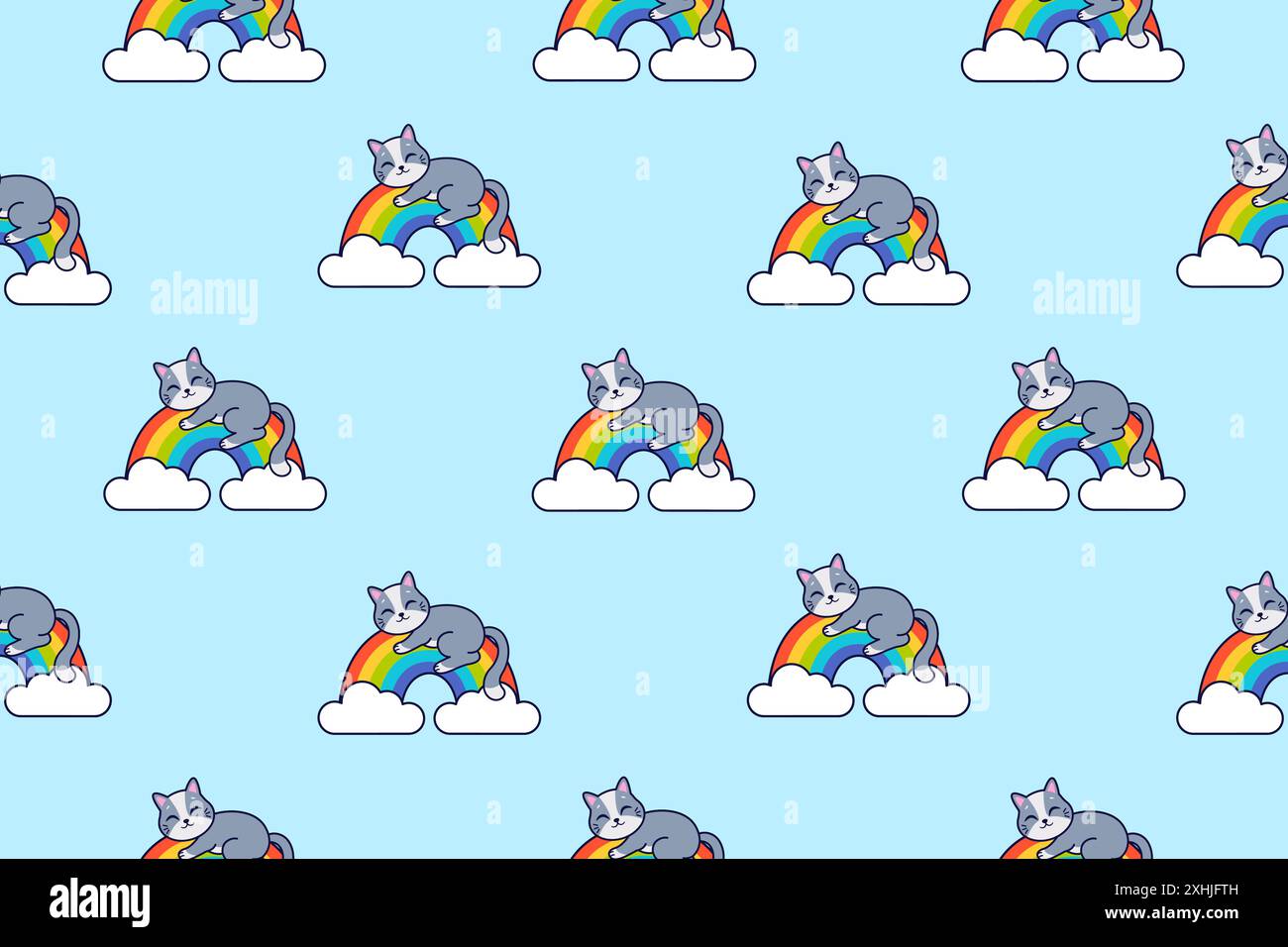 Cute cat sleeps on a rainbow. Seamless vector pattern. Stock Vector