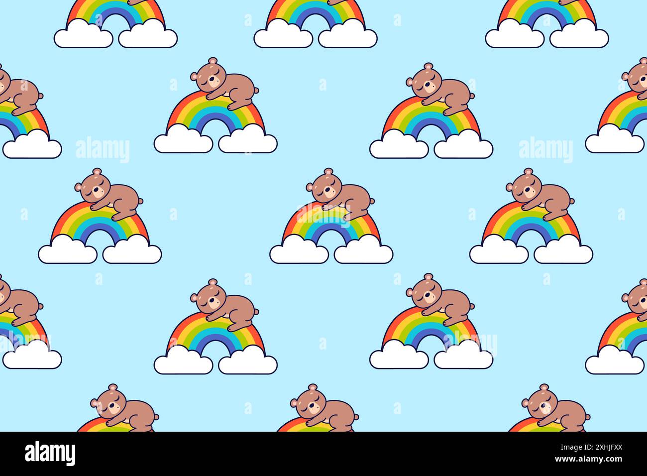 Cute bear sleeps on the rainbow. Seamless vector pattern. Stock Vector