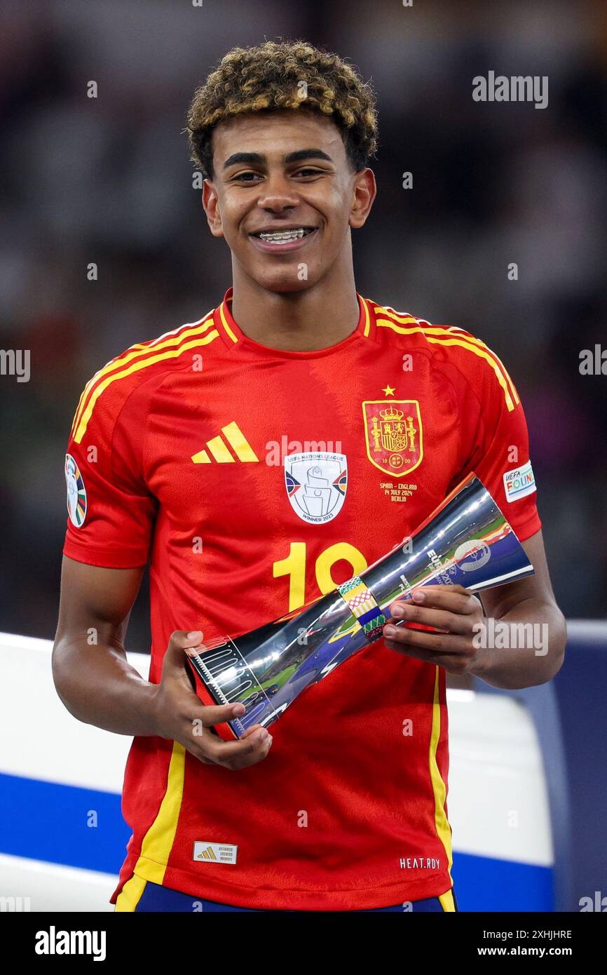 Berlin, Germany, 14, July, 2024. Lamine Yamal with the trophy Young
