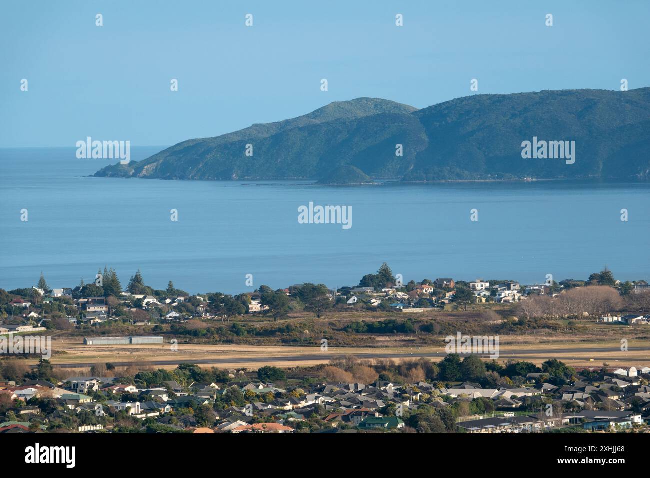 View of Kapiti airport in Paraparaumu with the south end of Kapiti island in the background, Kapiti coast, New Zealand Stock Photo