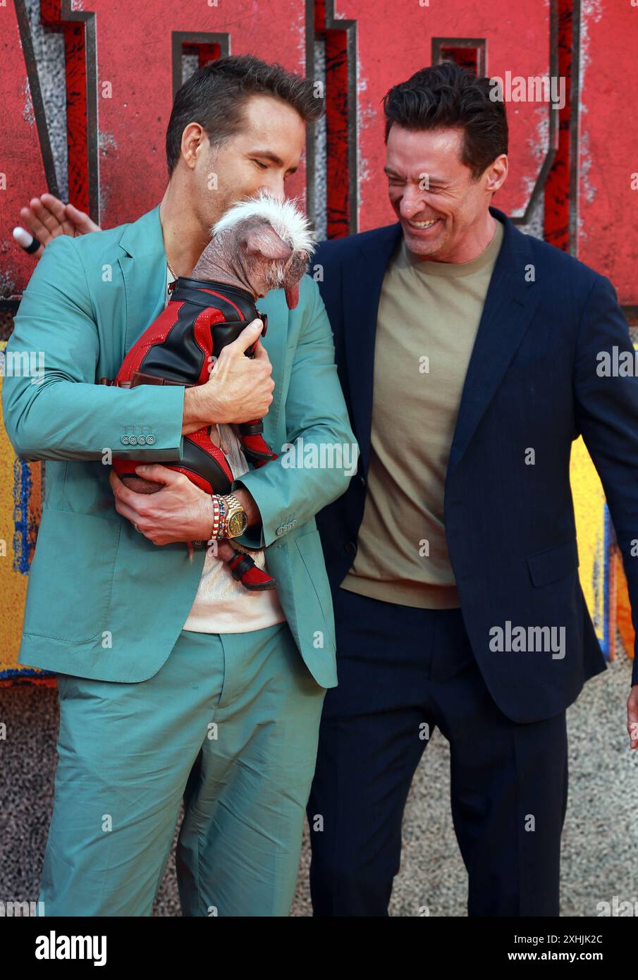 Ryan Reynolds, Peggy aka Dogpool and Hugh Jackman attend the 'Deadpool & Wolverine' UK Fan Event at the Eventim Apollo in London. Stock Photo