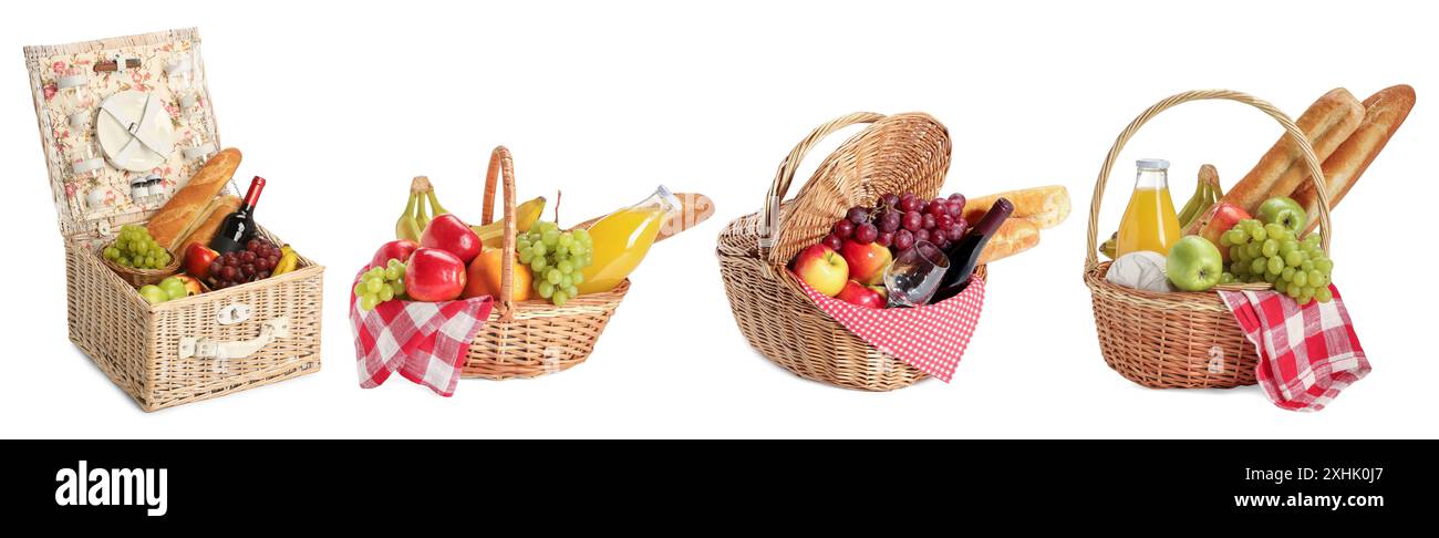 Wicker rattan baskets with picnic foods isolated on white, set Stock ...