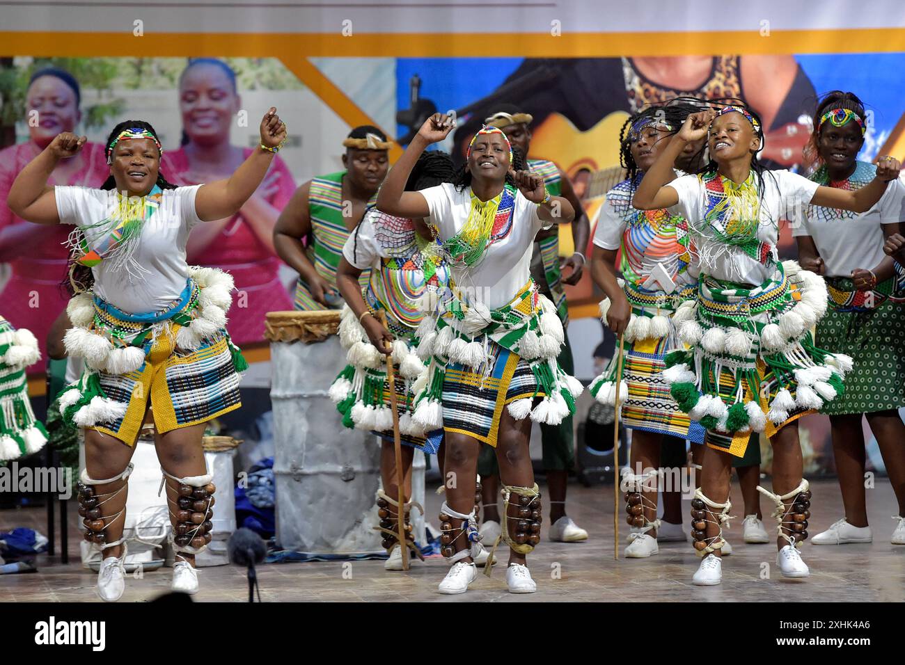 Gaborone, Botswana. 13th July, 2024. Sebonda Arts Group performs Sebirwa traditional dance during the 13th Annual National Arts Festival for Traditional Song and Dance at Sir Seretse Khama Barracks in Gaborone, Botswana, July 13, 2024. TO GO WITH 'Botswana committed to developing creative industries to create jobs' Credit: Tshekiso Tebalo/Xinhua/Alamy Live News Stock Photo