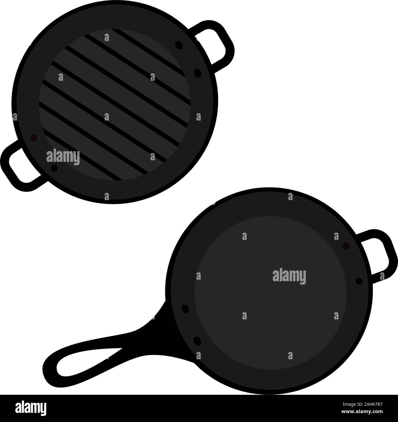 Cast iron grill and fry pans with handles in cartoon style. Top view. Isolated Promo design concept Set of 2 EPS Vector. Logo Sticker Icon Cards, poster, banner, brochure, price tag, label or web idea Stock Vector