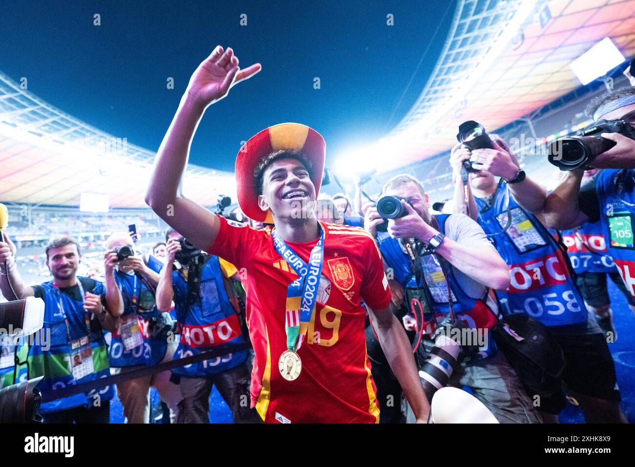 Berlin, Germany. 14th July, 2024. Lamine Yamal of Spain celebrates