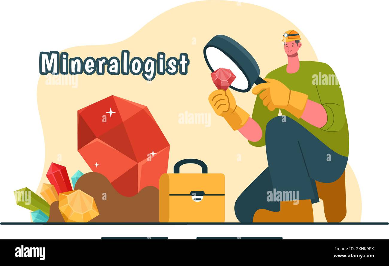 Vector Illustration of a Mineralogist with Natural Stone and Mineral Structures for Jewelry or Chemical Reactions in a Flat Style Cartoon Background Stock Vector