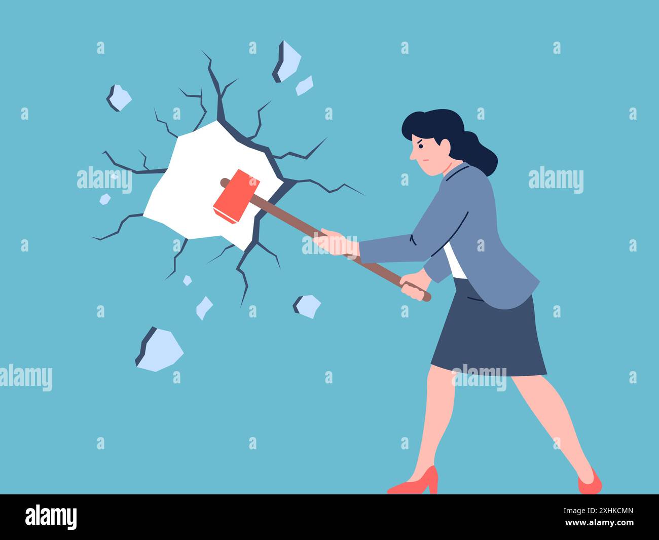 She Overcome Problem Woman breaks wall. Businesswoman destroy obstacle with giant hammer ...