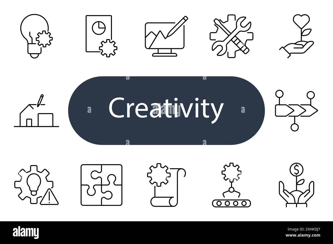 Creativity set icon. Lightbulb, chart, monitor, tools, growth, house ...