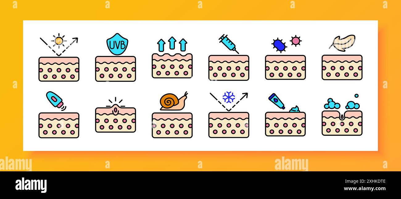 Skincare routine set icon. UV protection, serum, hydration, AHA BHA ...