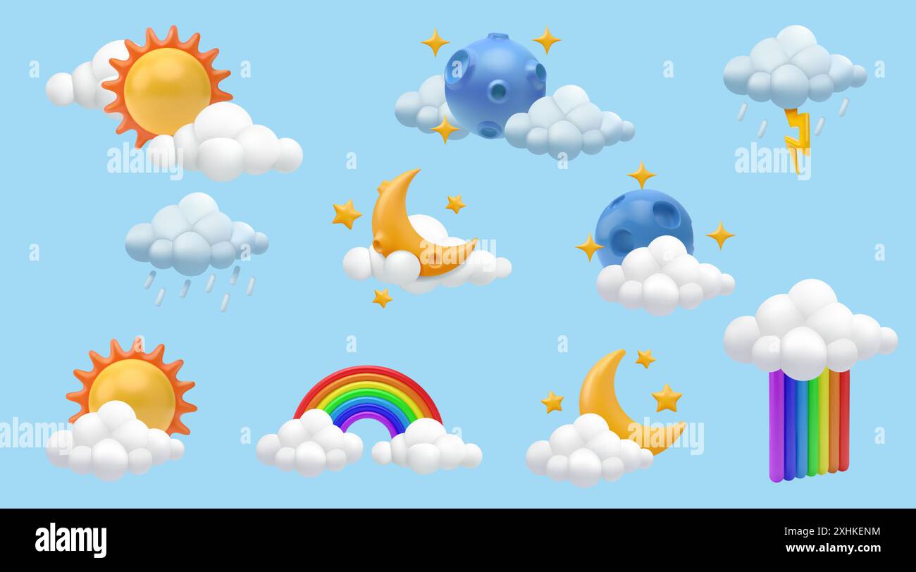 3d sun. Clouds with morning rainbow and raindrops. Moon icons. Summer rainstorm. Day weather. Sunny sky nature. Meteorology forecast. Crescent and stars. Render cumulus. Vector cartoon elements set Stock Vector