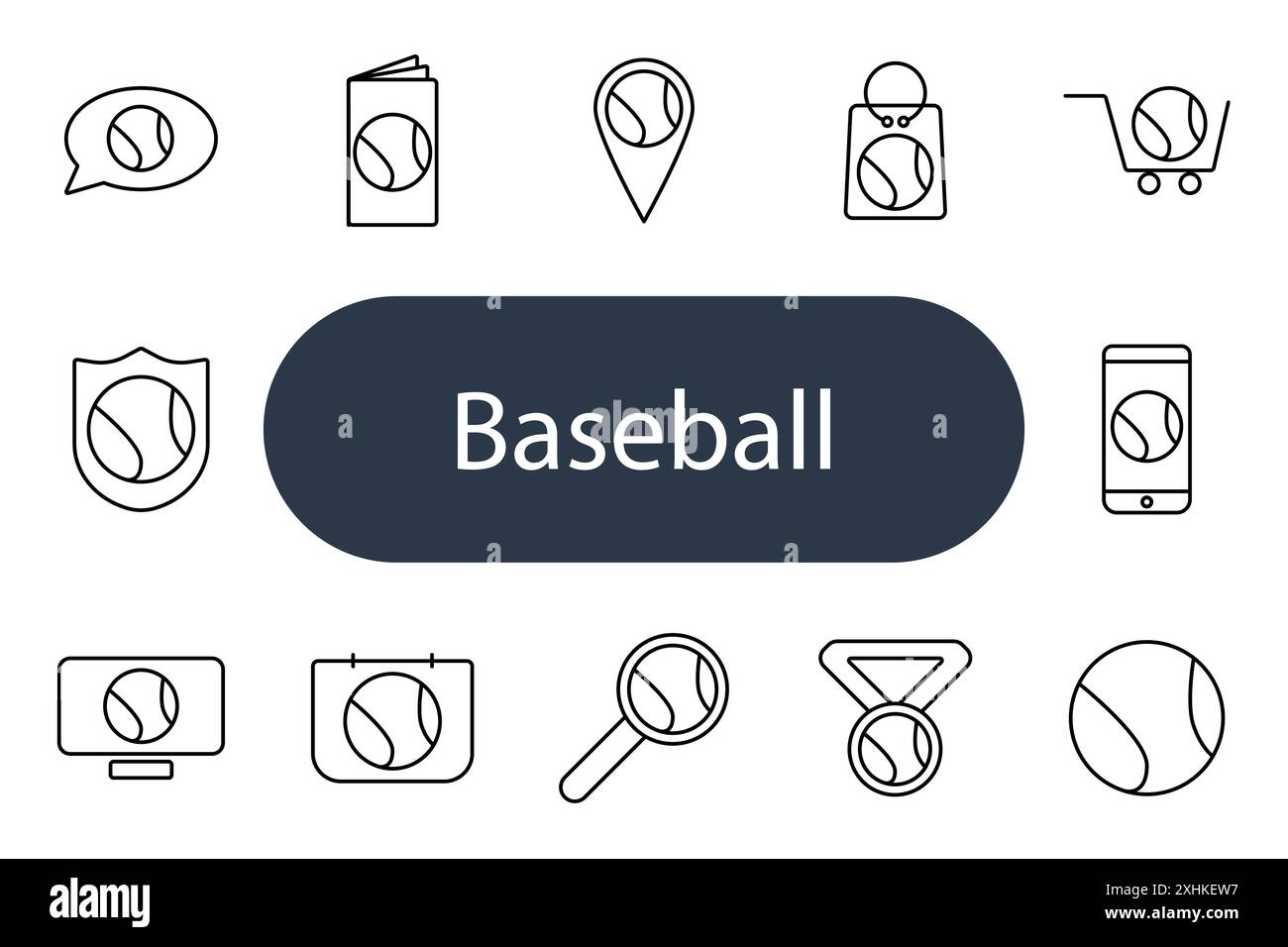 Baseball set icon. Speech bubble, brochure, location pin, badge, cart ...