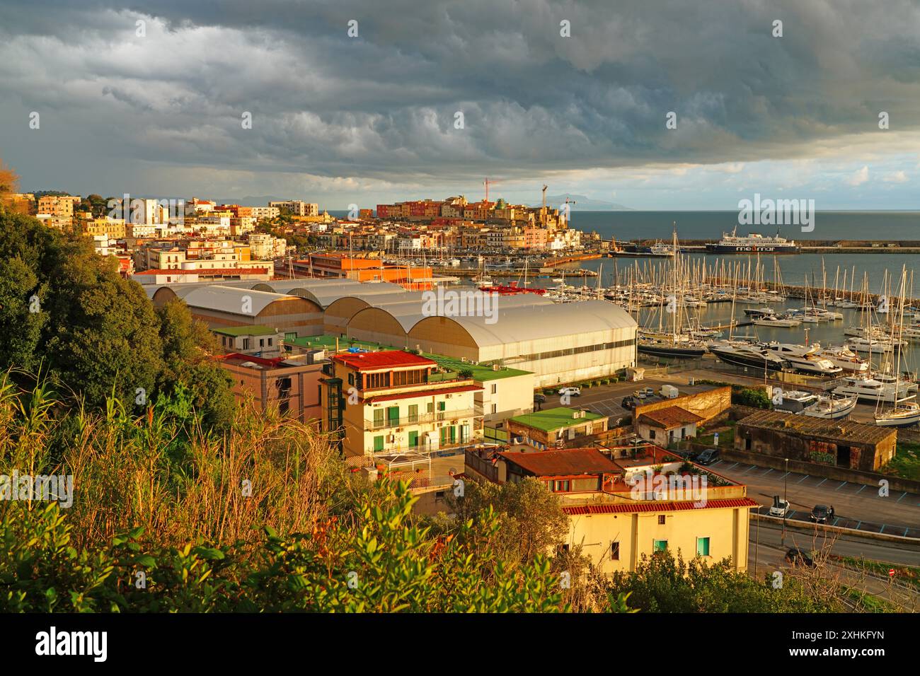 POZZUOLI, ITALY -12 MAR 2024- Sea view of stormy skies over Pozzuoli, an Italian city in the Bay of Naples built on the slopes of the Phlegraean Field Stock Photo