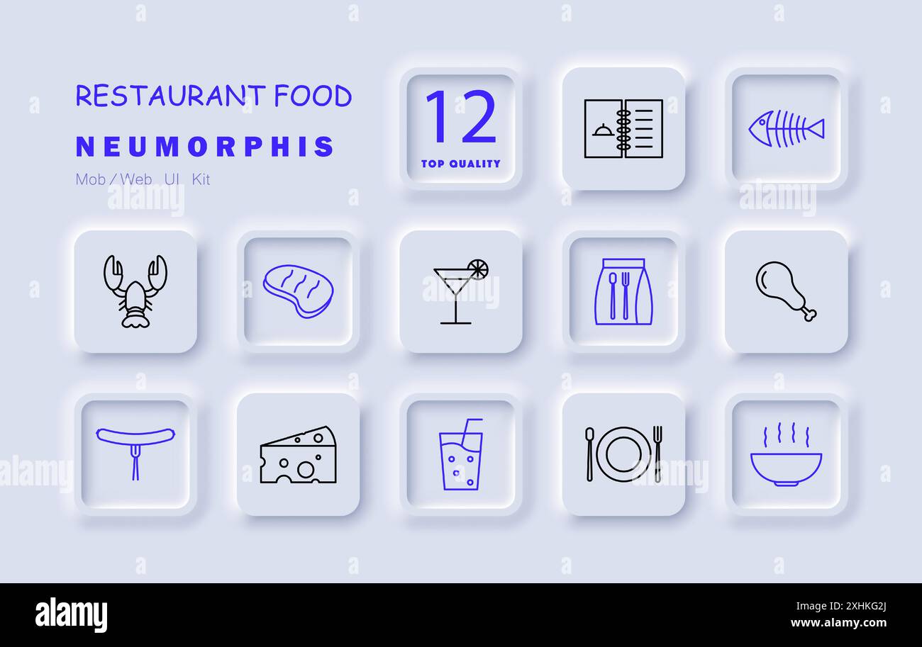 Restaurant food set icon. Menu, fish, lobster, steak, cocktail, cutlery ...