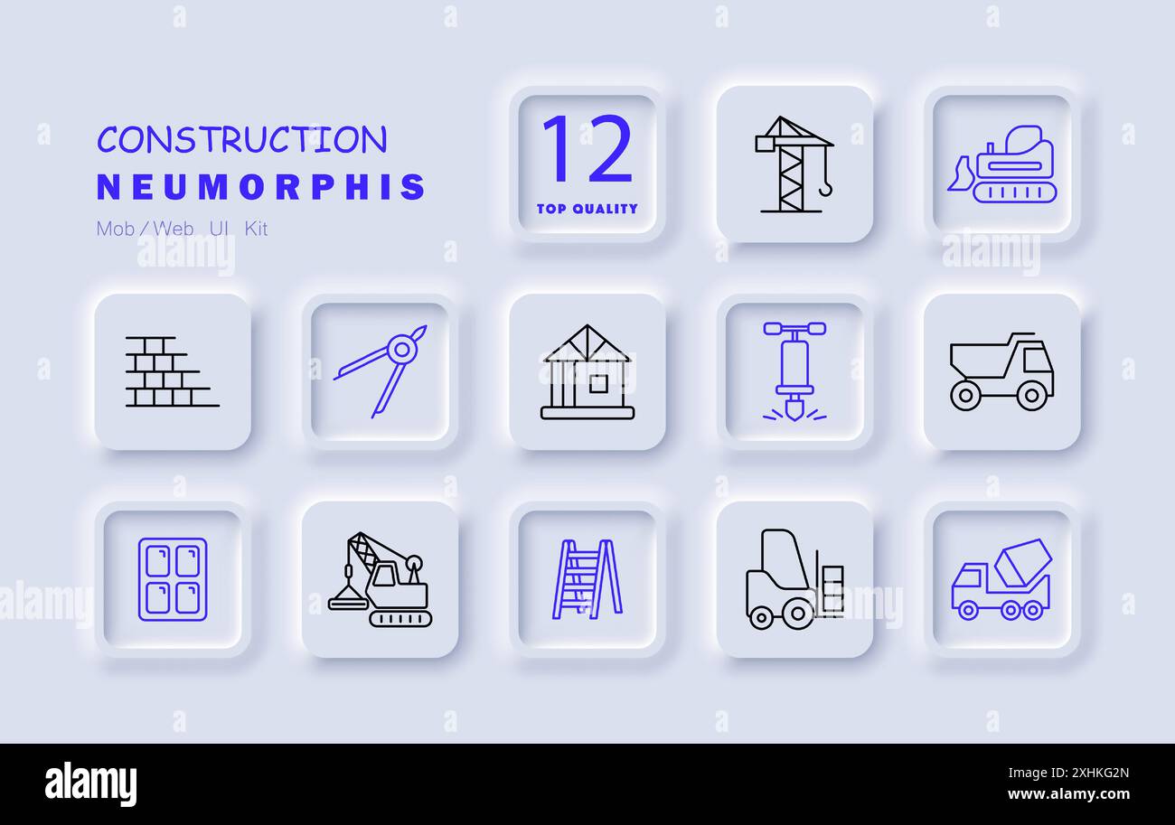 Construction set icon. Crane, bulldozer, cement truck, forklift, dump ...