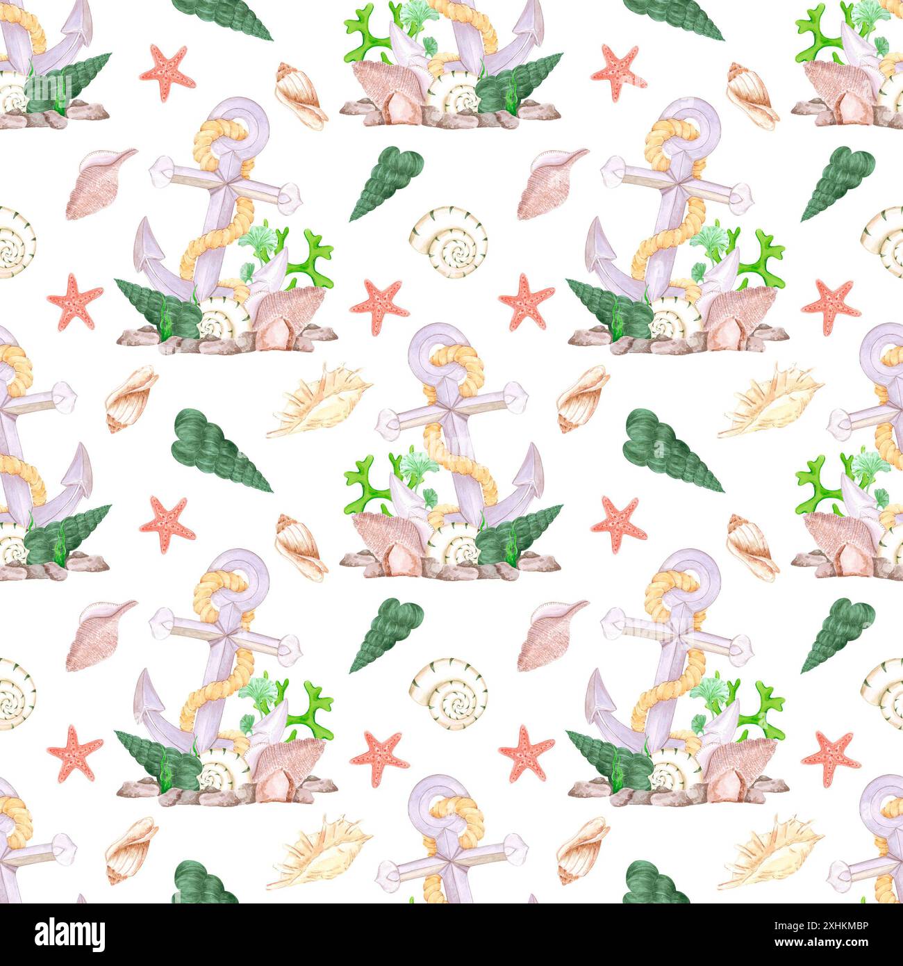 Hand drawn watercolor anchor and seashells seamless pattern isolated on ...