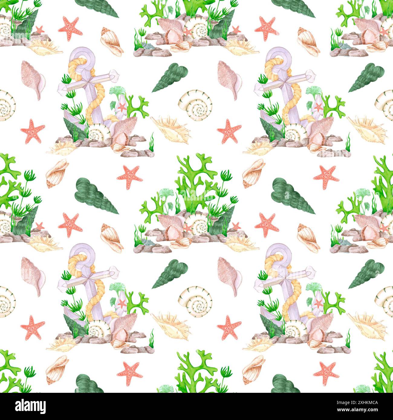 Hand drawn watercolor anchor and seashells seamless pattern isolated on ...