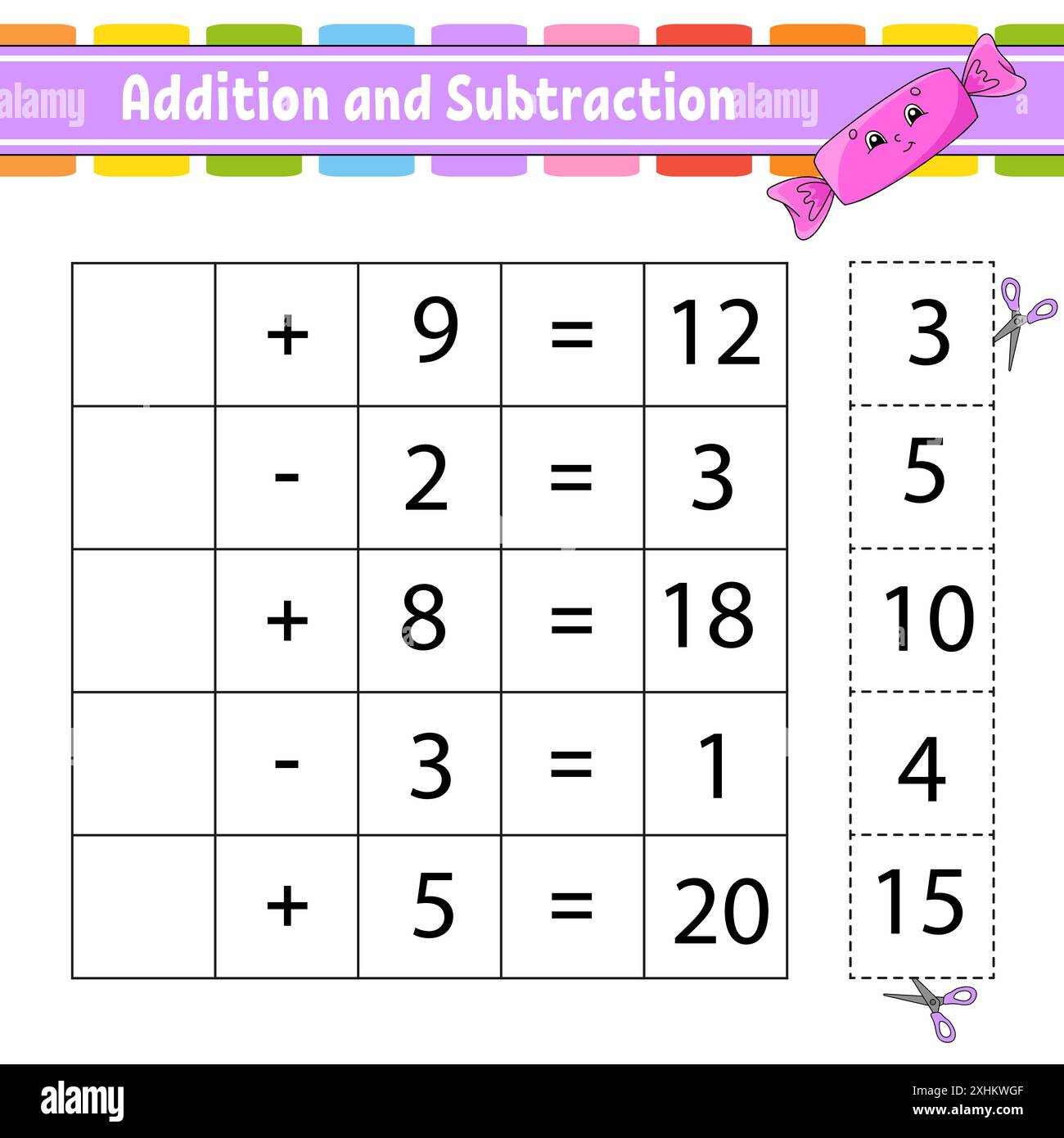 Addition and subtraction. Task for kids. Cut and paste. Education ...