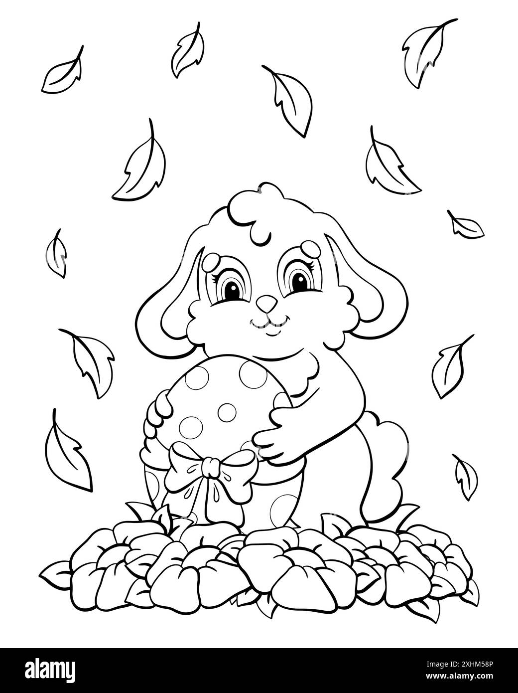 A cute rabbit holds an Easter egg in its paws. Coloring book page for ...