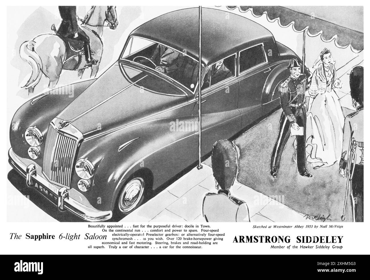 1953 British advertisement for the Armstrong Siddeley Sapphire 6-light saloon car, illustrated by Noel McVeigh. Stock Photo