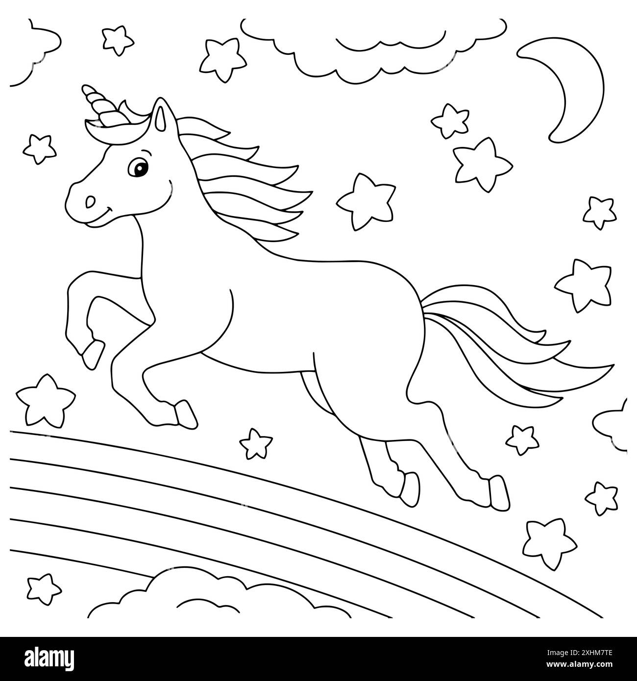 A cute unicorn rushes along the rainbow. Coloring book page for kids ...