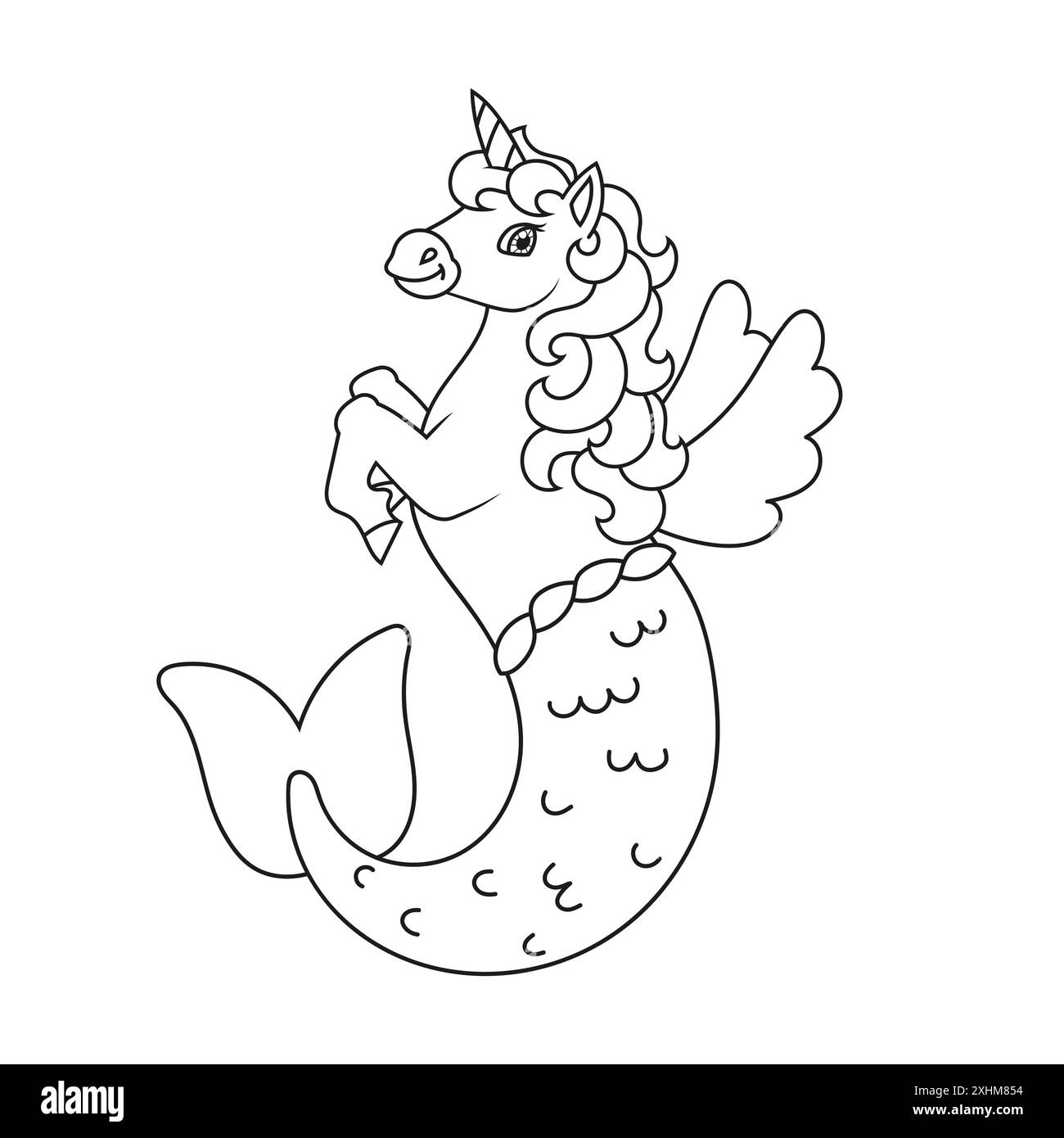 Coloring book for kids. Cute mermaid unicorn. Cartoon character. Vector