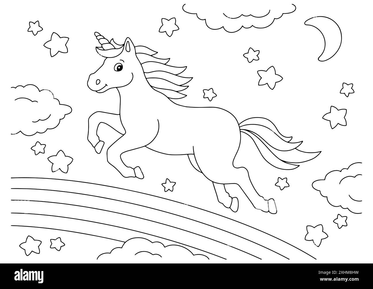 A beautiful unicorn jumps on a rainbow. Coloring book page for kids ...