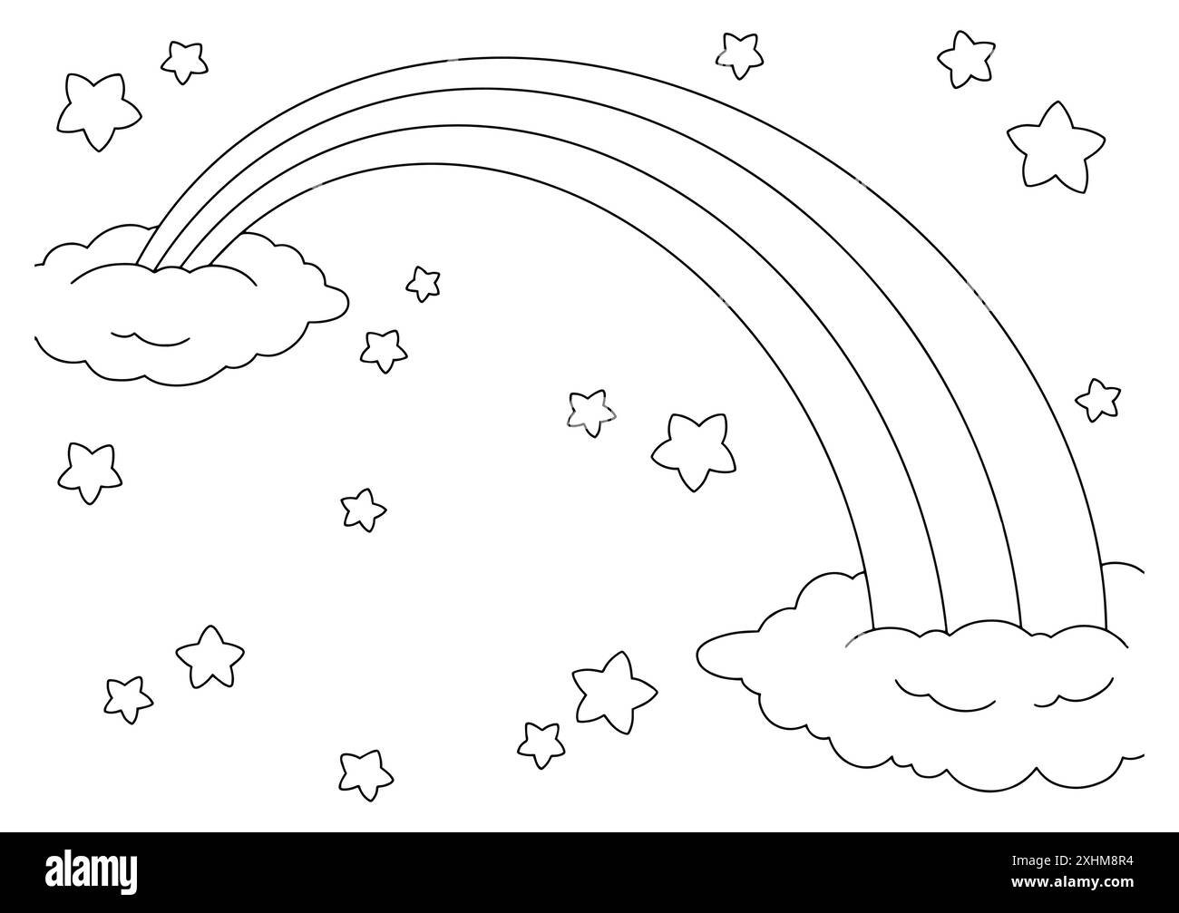 Fairytale sky with rainbow, stars and clouds. Coloring book page for