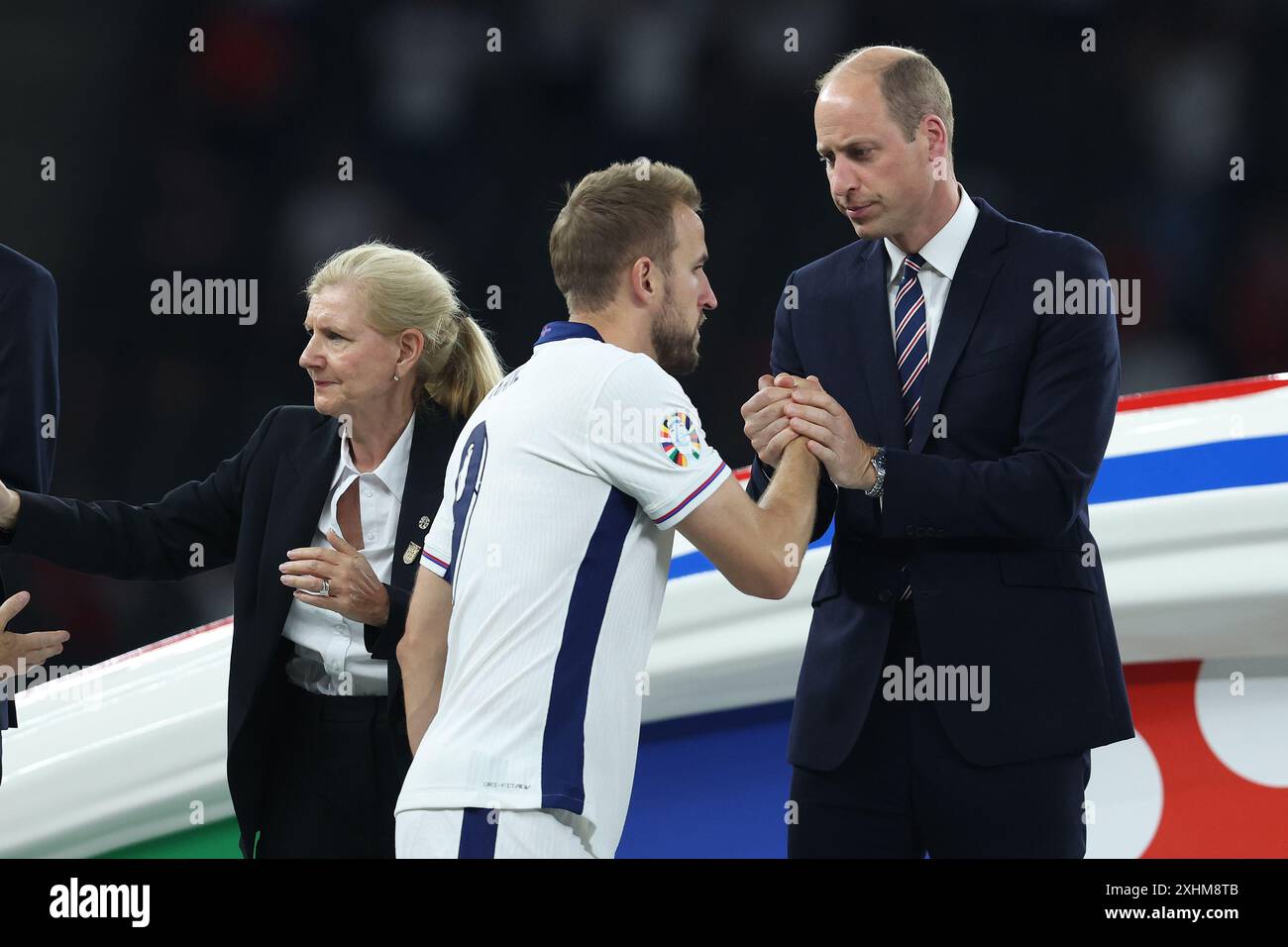 Berlin, Germany. 14th July, 2024. Harry Kane of England shakes hands with HRH William Prince of Wales during the UEFA European Championships final match at Olympiastadion, Berlin. Picture: Paul Terry/Sportimage Credit: Sportimage Ltd/Alamy Live News Stock Photo