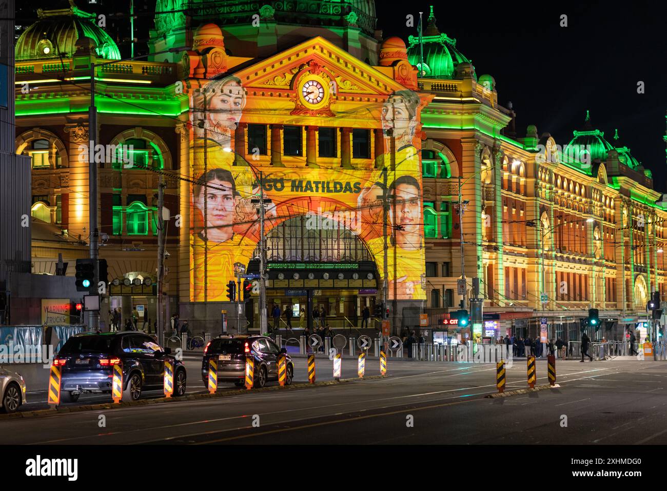 Flinders Street Station with Matildas soccer team for FIFA World Cup Stock Photo