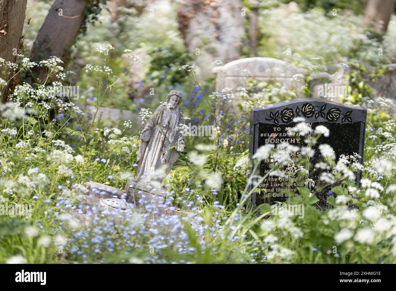 A small, carved stone Jesus, falling over, on a grave amongst a profusion of spring wild flowers and other grave stones. Cemetery, London, UK Stock Photo