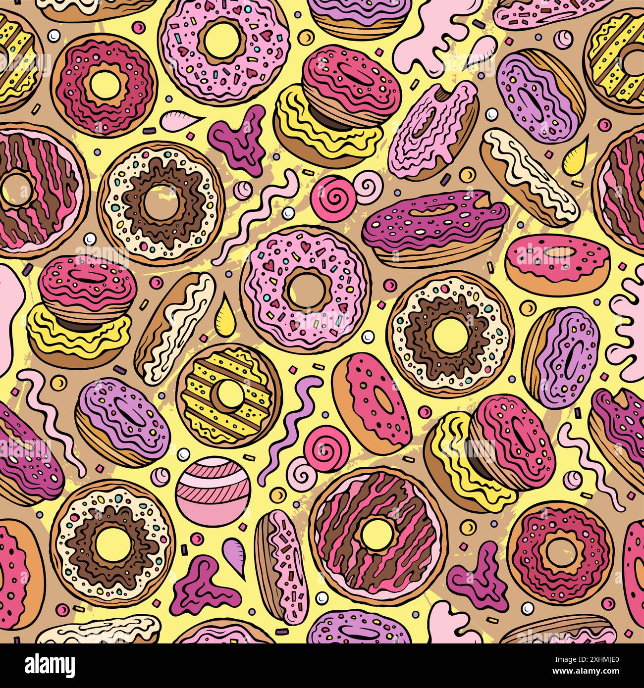 Cartoon cute doodles Donuts seamless pattern. Colorful detailed, with ...