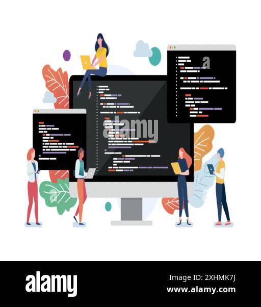 People with coding on computer screen. Concept of computer programming ...