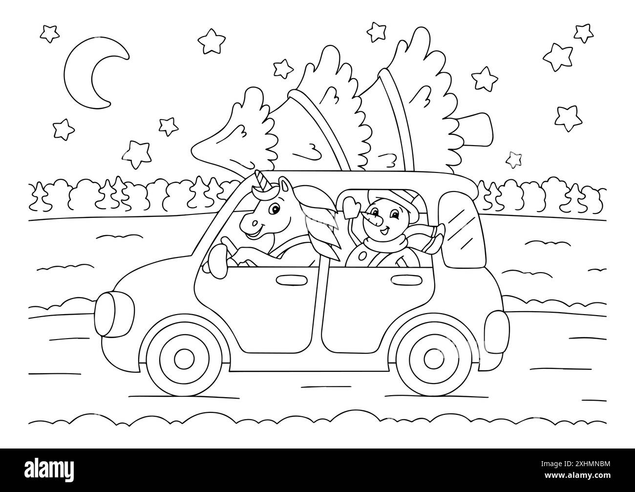 Snowman and unicorn are driving a car for the Christmas holiday. Coloring book page for kids. Cartoon style character. Vector illustration isolated on Stock Vector