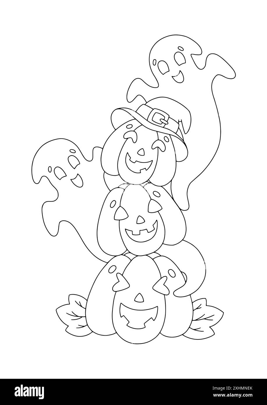 Happy stacked pumpkins with ghosts. Coloring book page for kids ...
