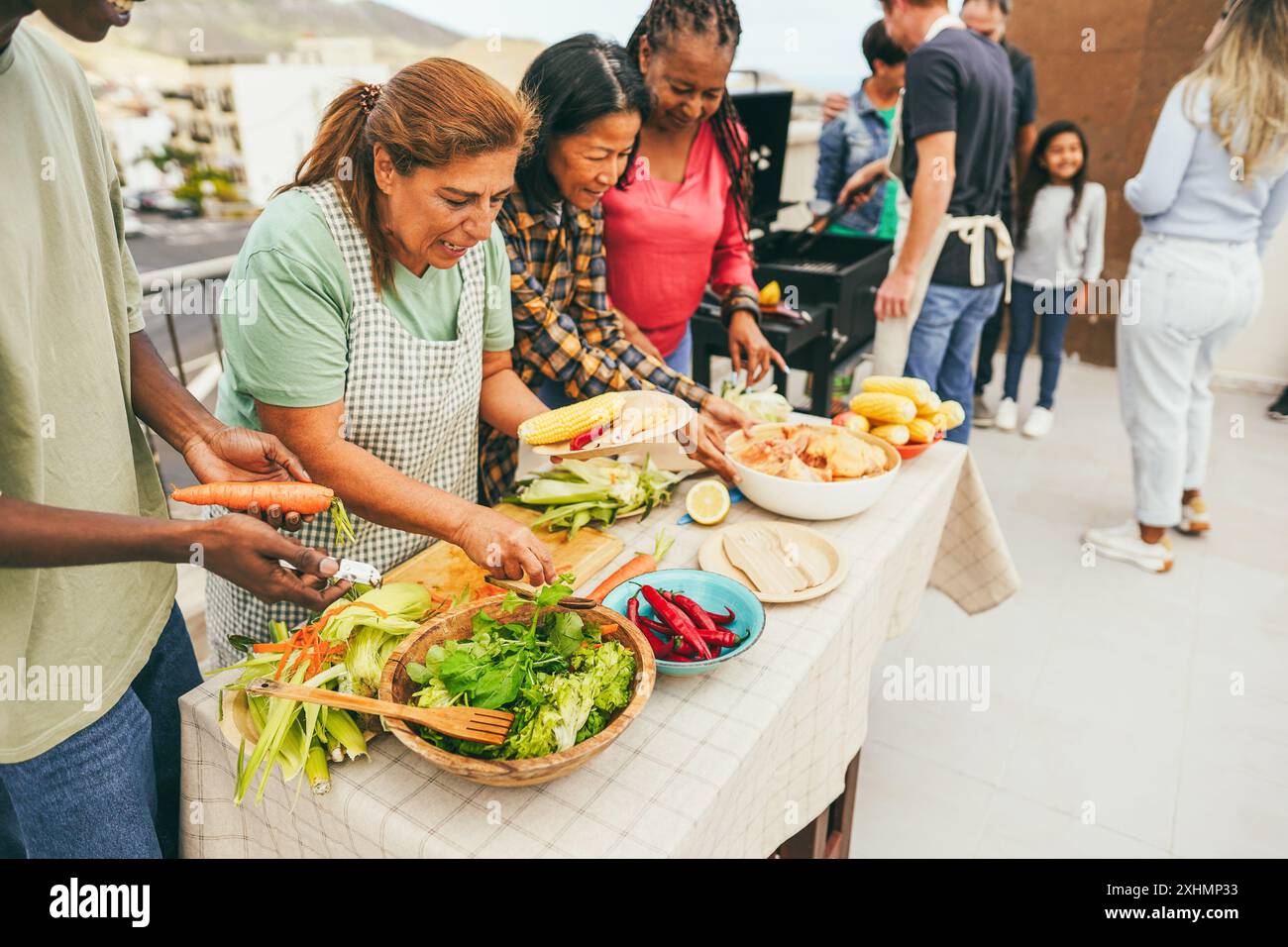 Multigenerational people doing barbecue at home's rooftop - Multiracial friends having fun eating and cooking together during weekend day - Summer and Stock Photo