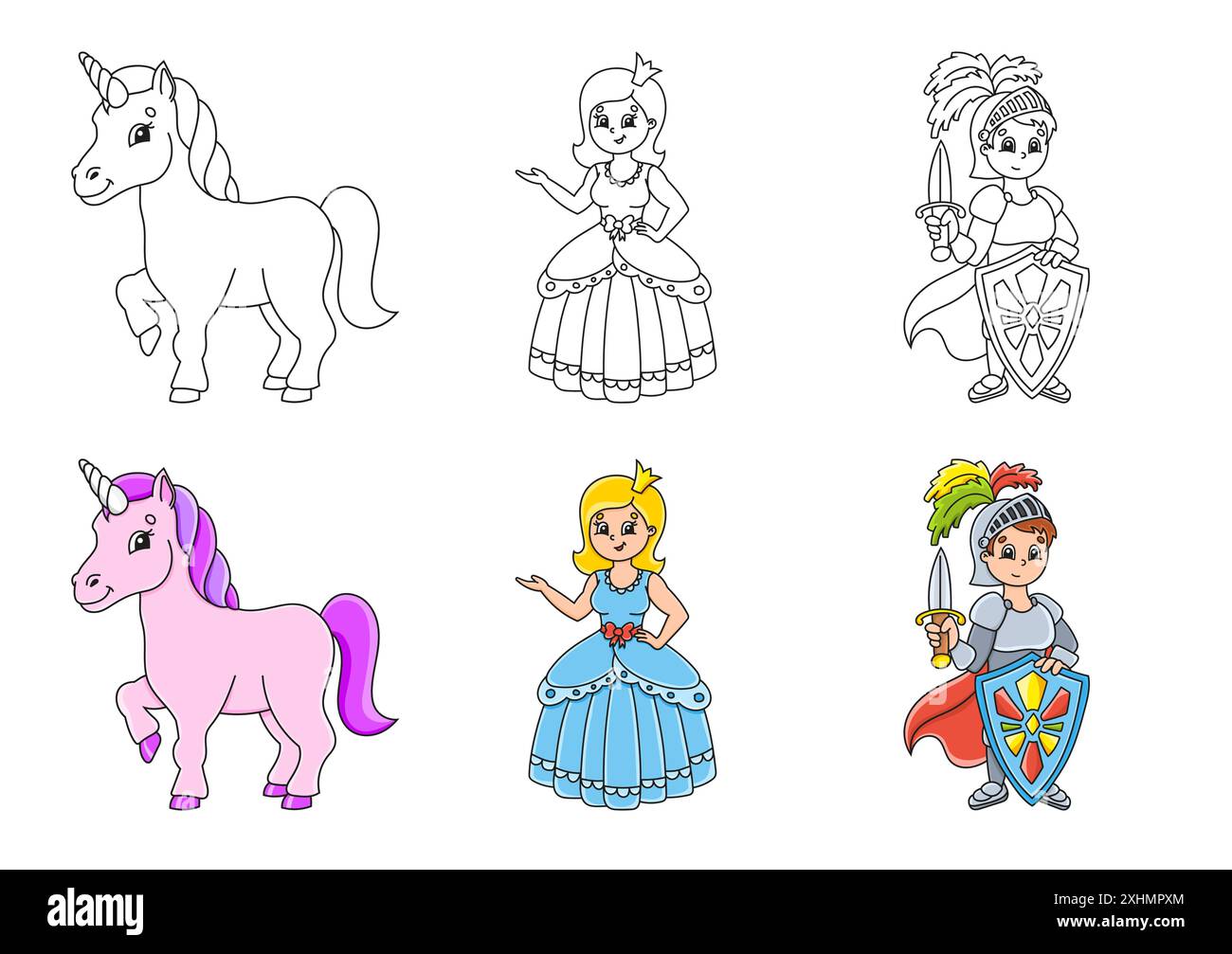 Set coloring page for kids. Fairytale theme. Cute cartoon characters ...