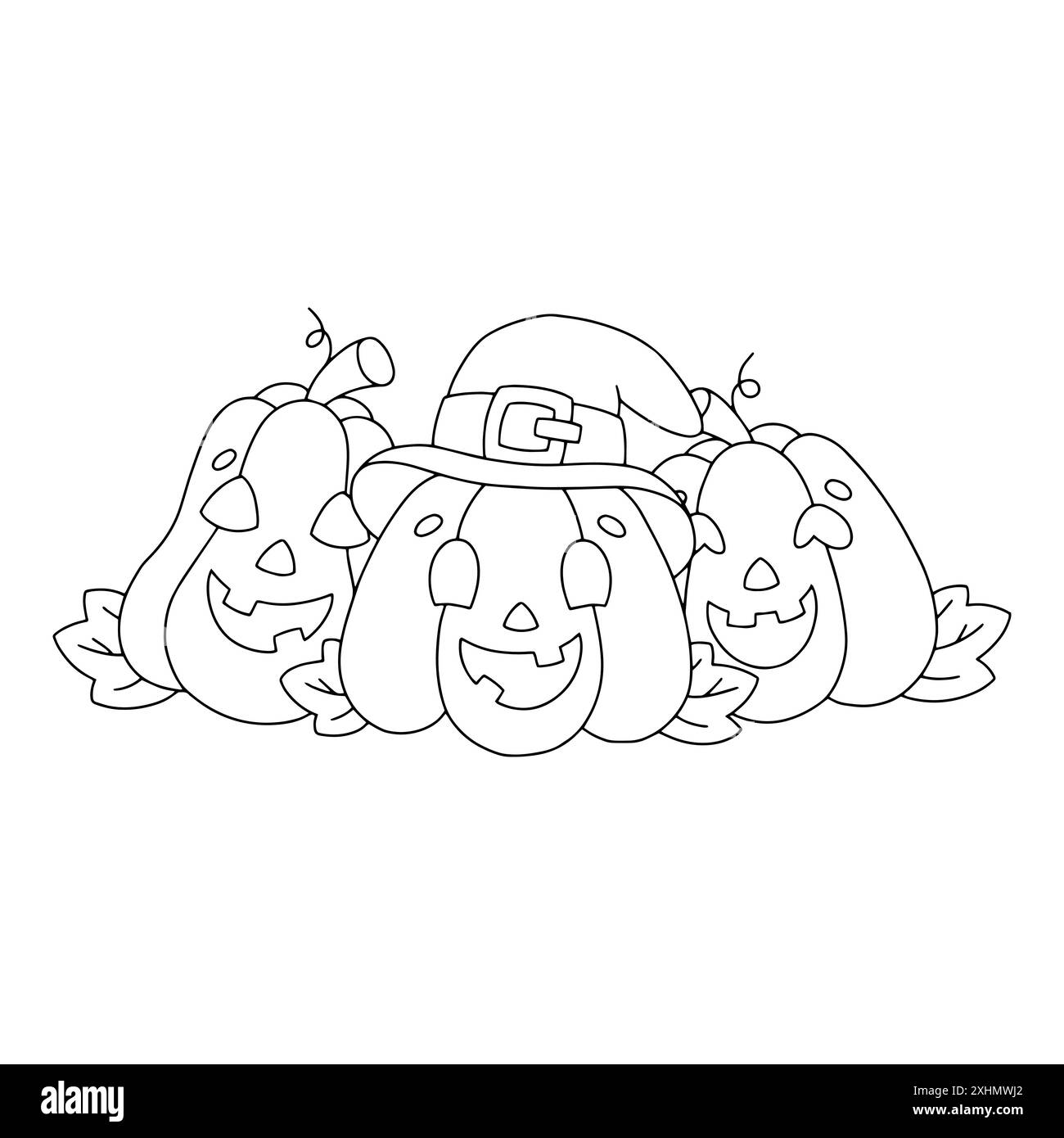 Happy pumpkins. Coloring book page for kids. Halloween theme. Cartoon style character. Vector illustration isolated on white background. Stock Vector