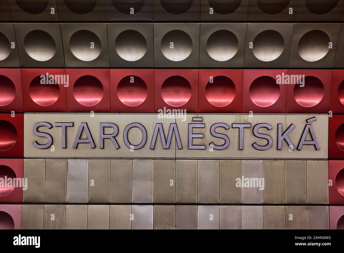 Staromestska metro station decorated with modern coloured aluminium panels, in Prague, capital of Czech Republic Stock Photo