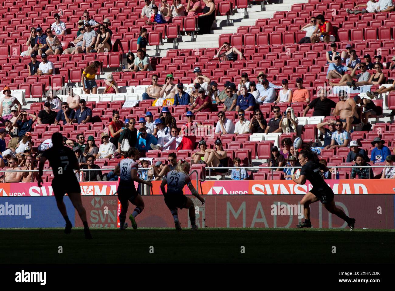 Portia Woodman-Wickliffe, of the New Zealand Black Ferns Sevens, running with the ball during the Sevens rugby tournament in Madrid, Spain. Stock Photo