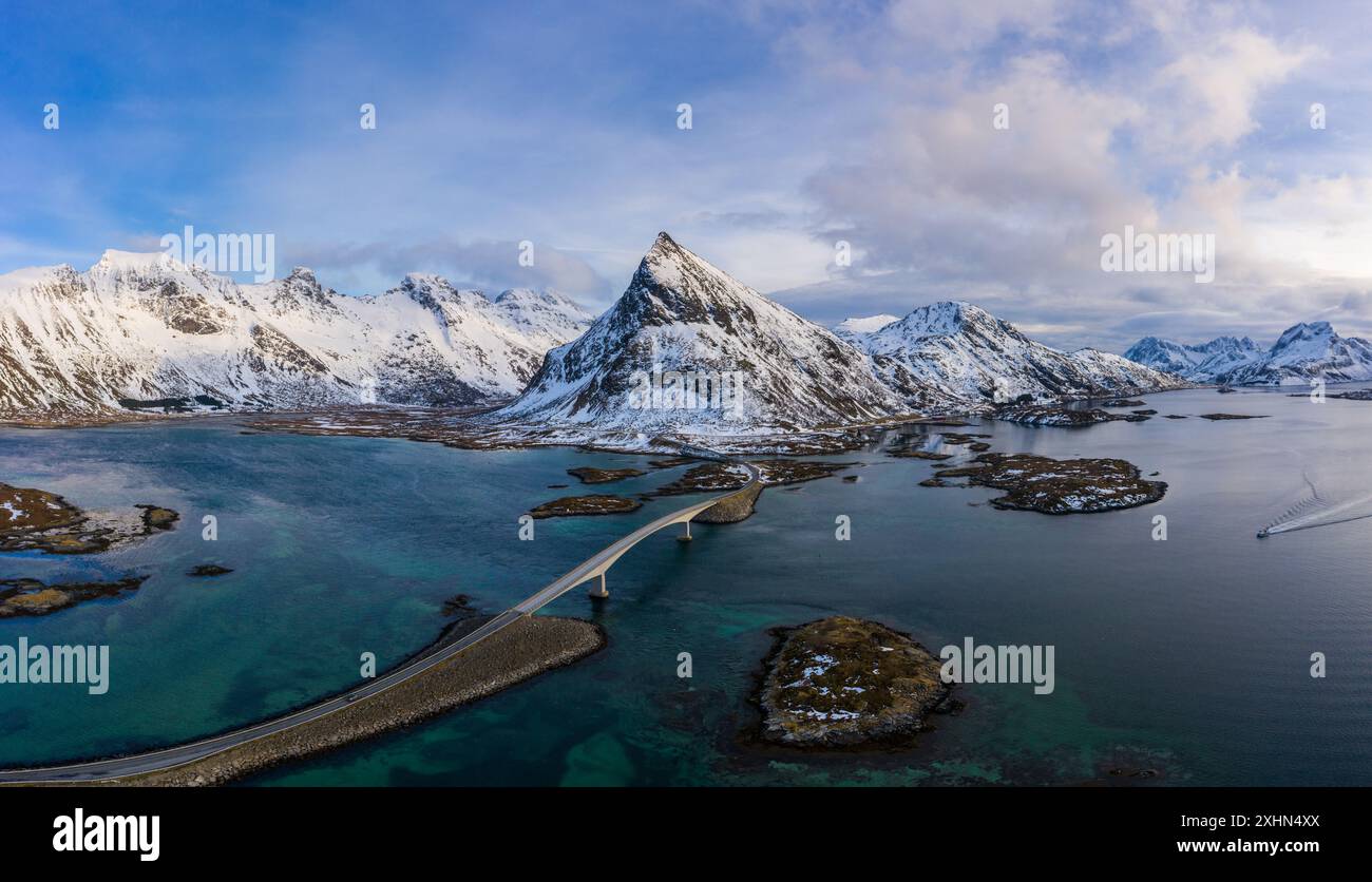 Fredvang Bridge And Volandstind Mountain In Winter At Sunset 