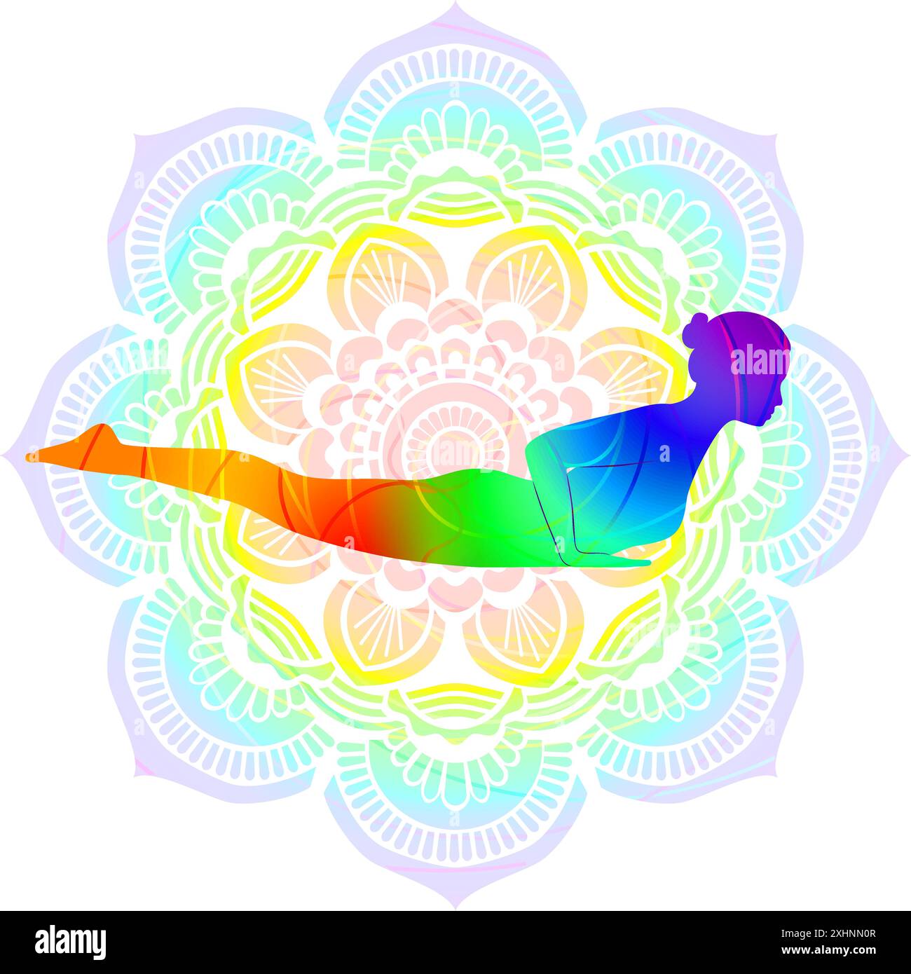 Colorful silhouette of woman practicing Shalabhasana B yoga pose ...