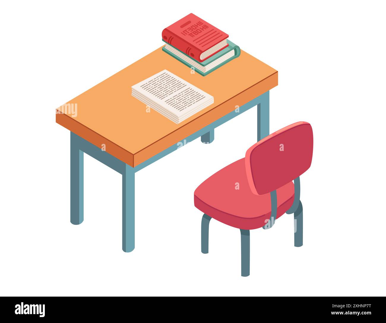 Student wooden desk with red chair. Books on table, isometric style furniture for studying. Vector illustration isolated on white background. Stock Vector