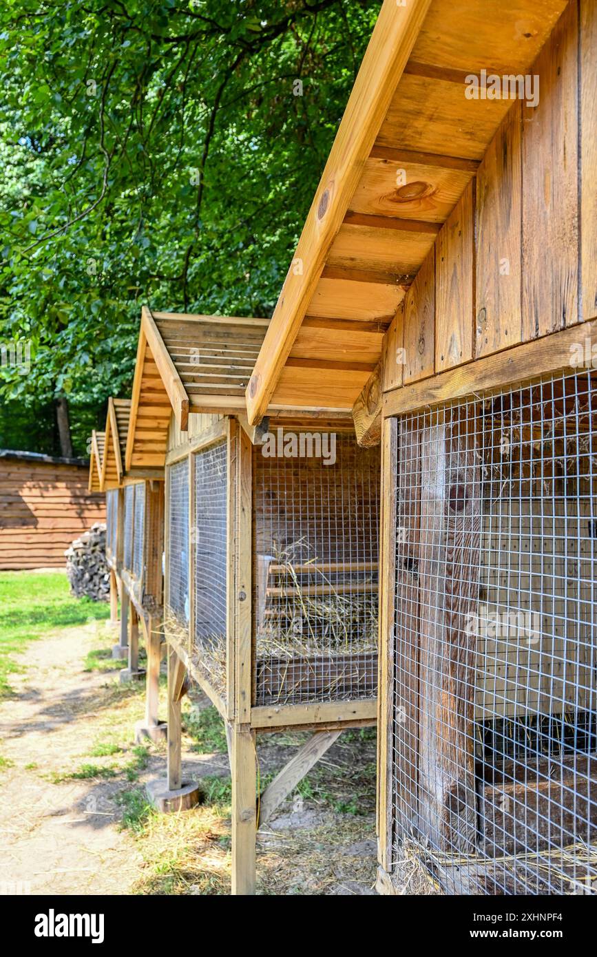 An idyllic scene: a wooden rabbit house with netting, lost in the ...