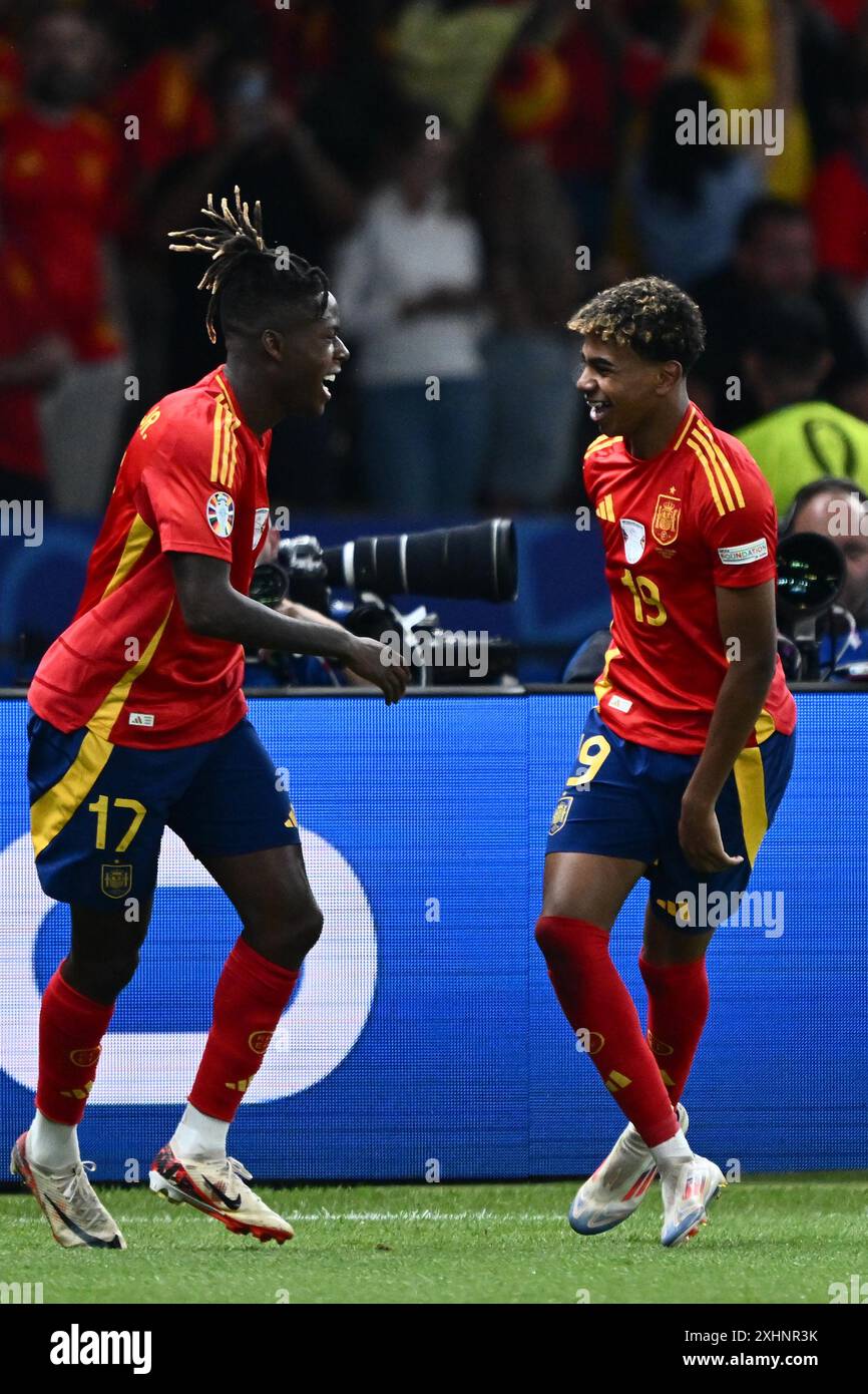 BERLIN, GERMANY - JULY 14: Nico Williams of Spain celebrate with Lamine
