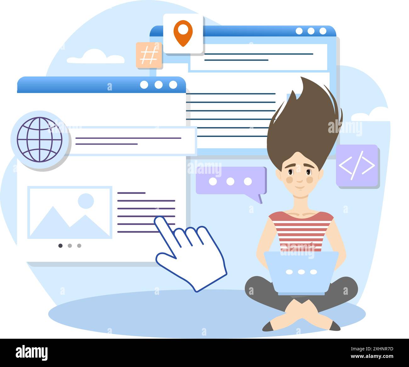 Web developer working with laptop and programming code on internet website Stock Vector