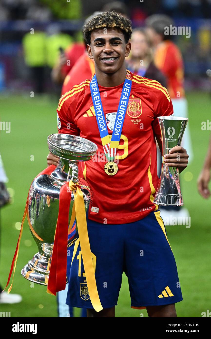 BERLIN, GERMANY - JULY 14: Lamine Yamal of Spain celebrates with the