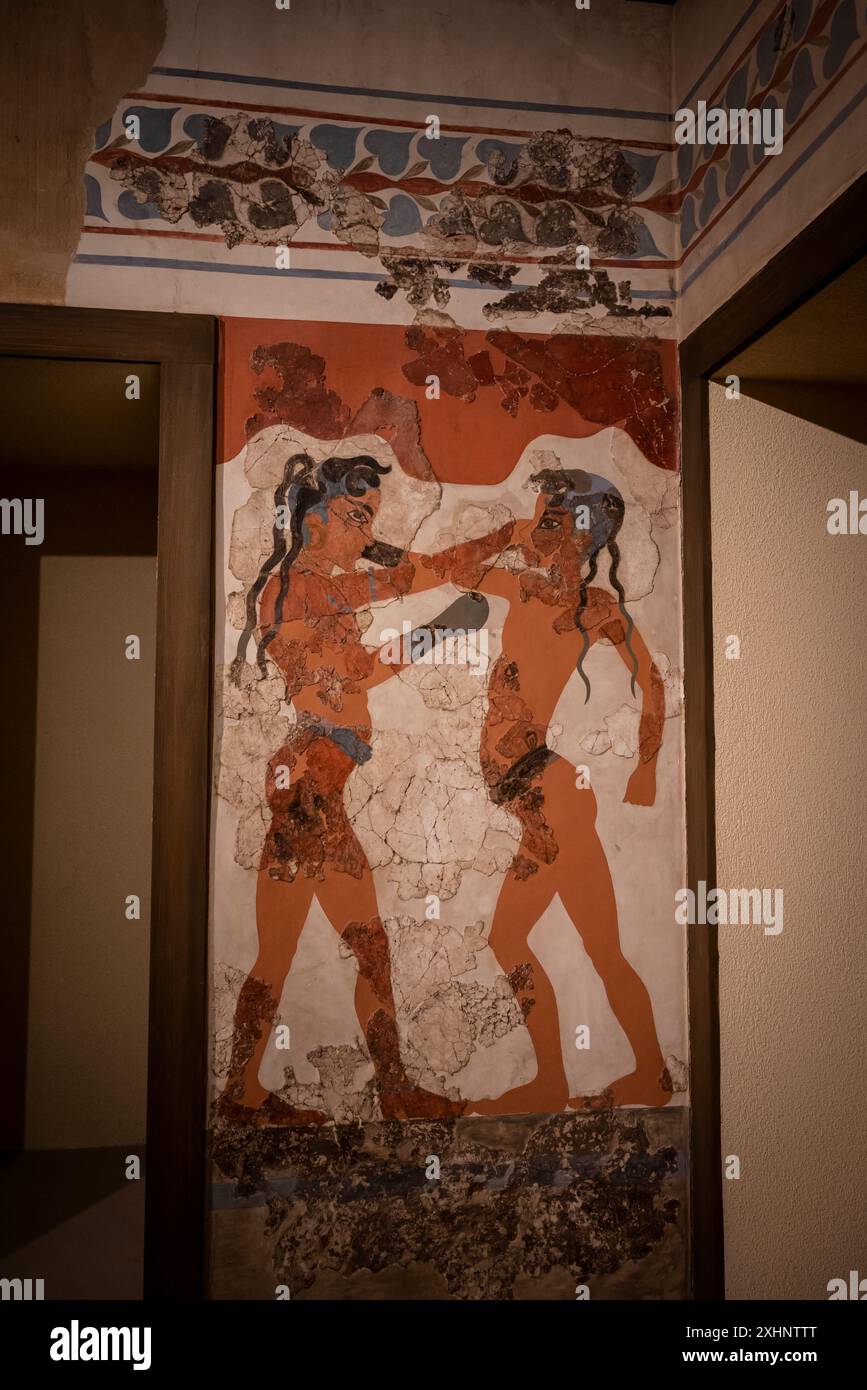 The boxing boys fresco, one of many well preserved frescoes from the island of Thera, present day Santorini, Minoan painting from the Bronze Age, 1700 Stock Photo