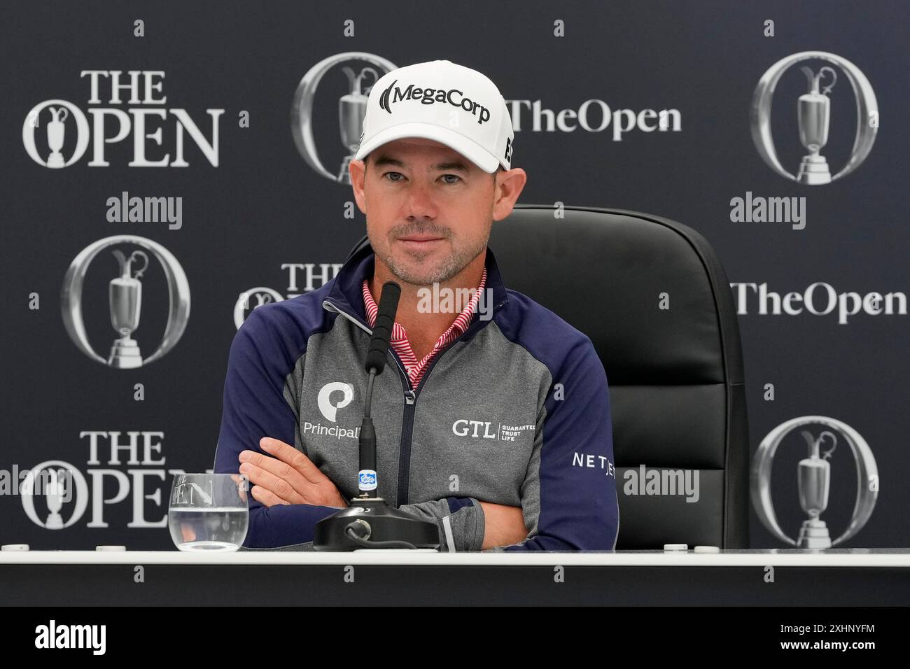 Troon, South Ayrshire, Scotland. 15th July 2024; Royal Troon Golf Club, Troon, South Ayrshire, Scotland; The Open Championship Practice Day; Brian Harman, Champion Golfer of 2023 speaks to the press after returning the Claret Jug Credit: Action Plus Sports Images/Alamy Live News Stock Photo